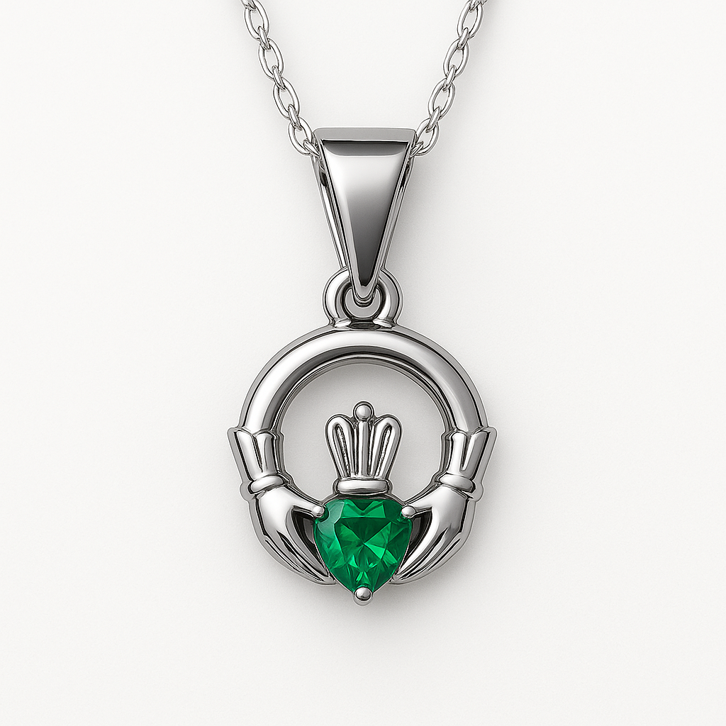Small Sterling Silver Claddagh Pendant with Emerald Green Heart