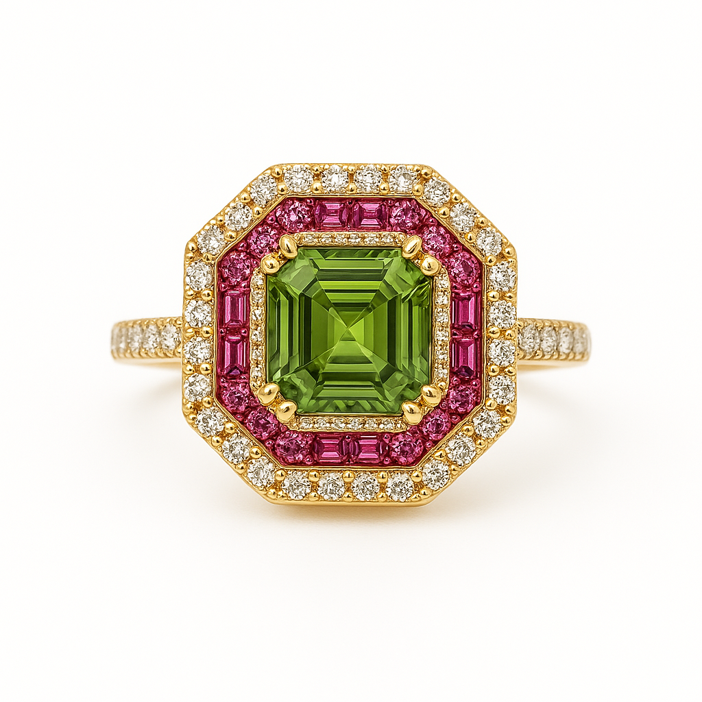 18ct yellow gold peridot, sapphire and diamond ring