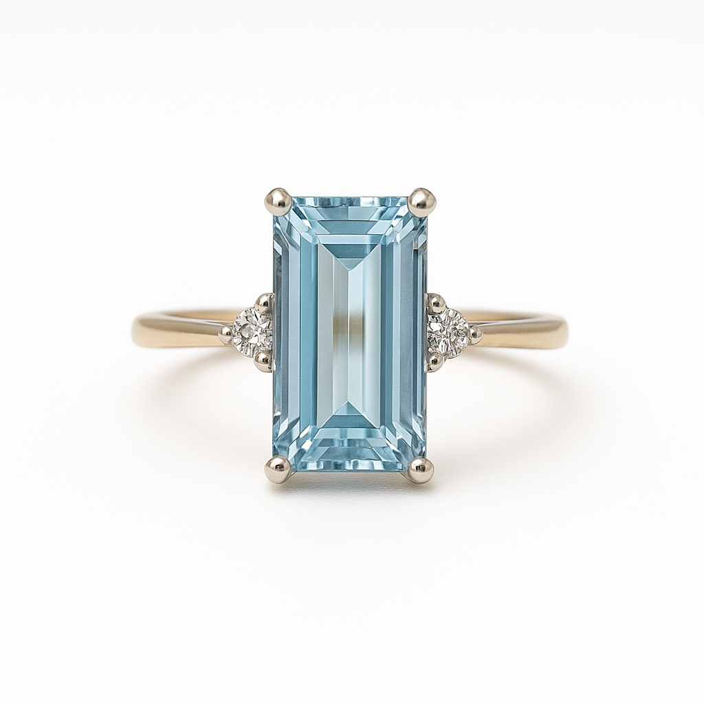 Aquamarine and diamond 9ct yellow gold ring