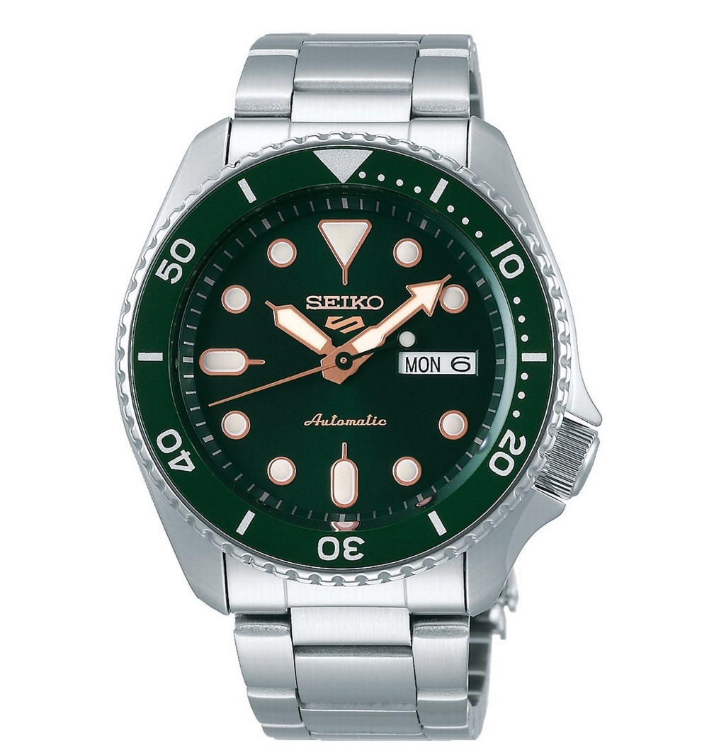 SEIKO 5 AUTOMATIC GREEN DIAL STAINLESS STEEL BRACELET WATCH